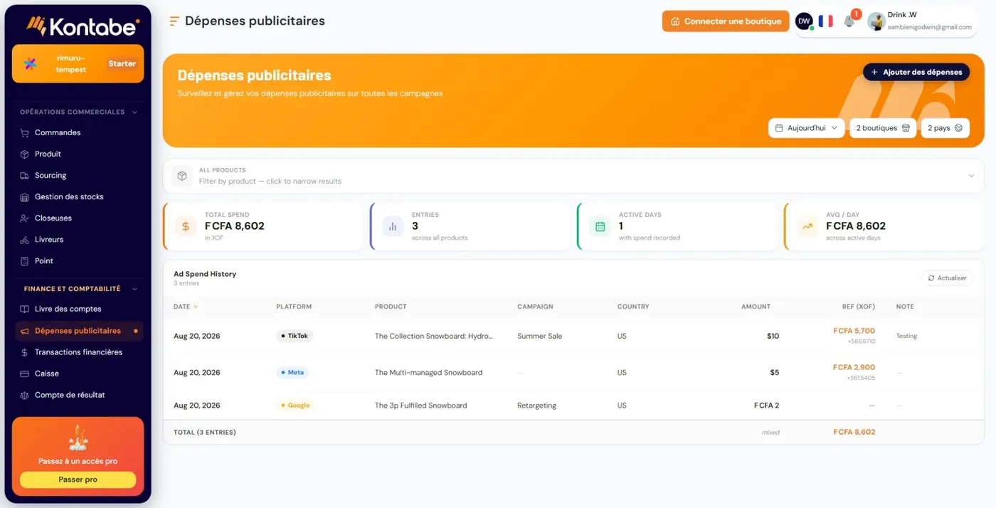 Kontabe — Dépenses publicitaires